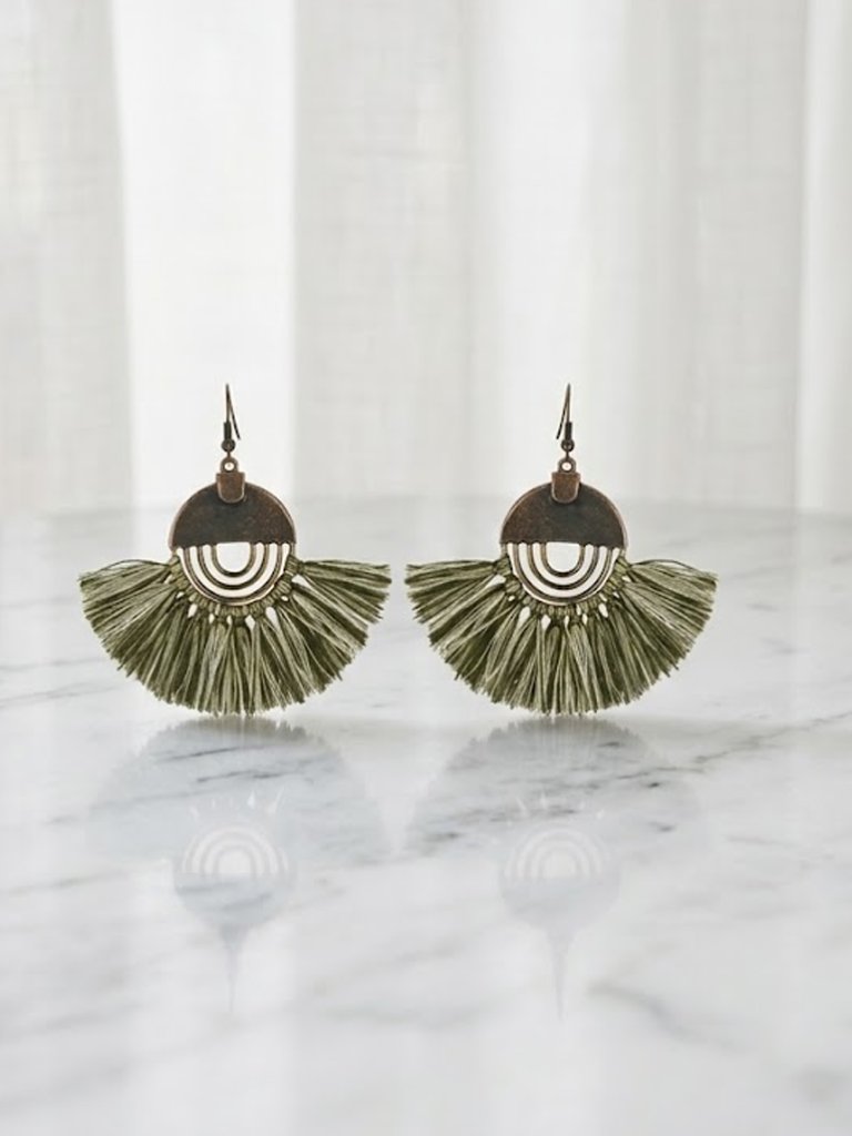 Green Aztec Dangle Tassel Earrings 15$